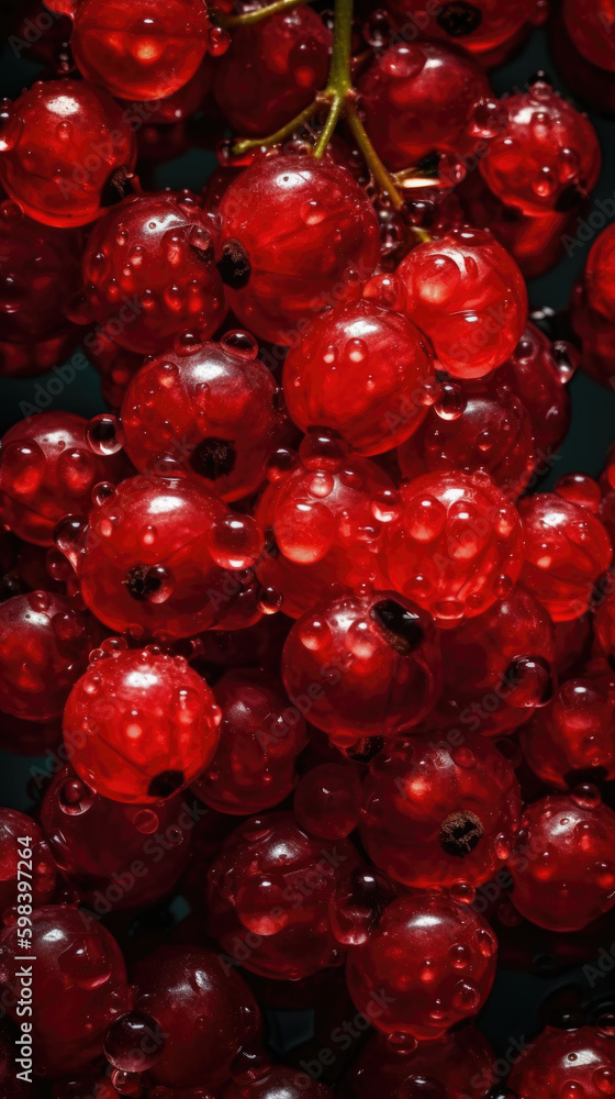 Fresh currant with water drops, close-up shot on black background. Generative AI. Fresh currant with water drops, close-up shot on black background. Generative AI.