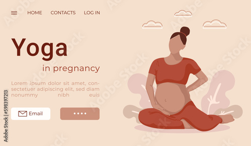 Pregnant Yoga.Young beautiful pregnant woman sitting and stretching. Landing page template. Vector illustration Generative AI