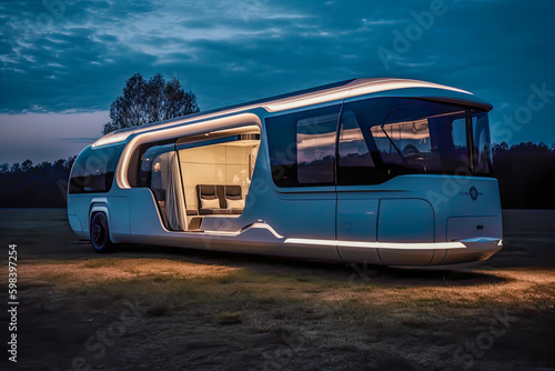 motorhome or caravan, modern, future, in meadow, generative ai