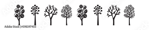 Quirky woodland tree scandi linocut vector border. Washi tape design in forest block print style for monochrome ink sketch graphic.  Generative AI
