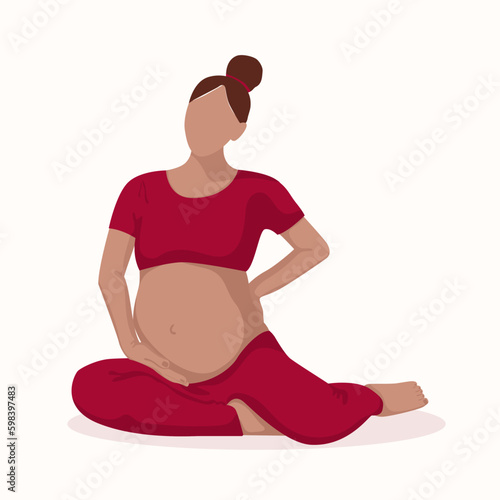 Pregnant Yoga.Young beautiful pregnant woman sitting and stretching. Landing page template. Vector illustration. Generative AI