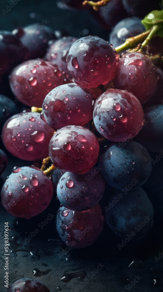 Fototapeta premium Fresh grapes with water drops, close-up shot on black background. Generative AI.