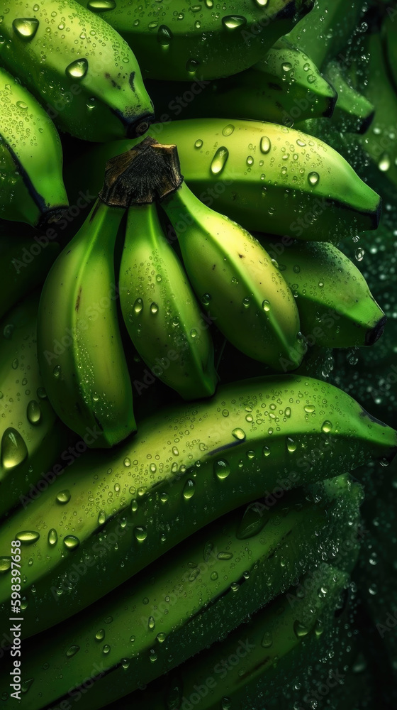 Fresh green bananas with water drops, close-up shot on black background. Generative AI.