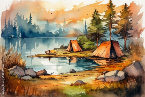 colorful camp with tent and campfire and motorhome, watercolor illustration, generative ai