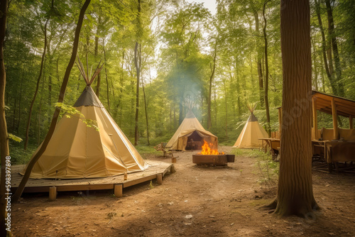 luxurius glampling with teepee camping tents a a wooden forest, generative ai