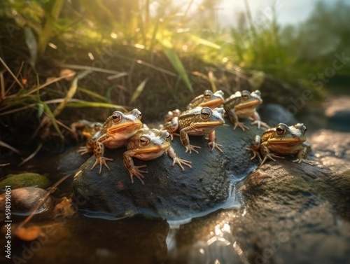 Group of Frog in natural habitat  generative AI 