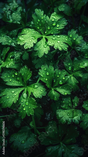 Fresh parsley with water drops, close-up shot on black background. Generative AI.