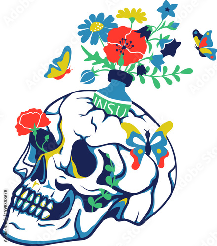 Skull and insulin bottle with flowers and blue butterflies. Dead Pancreas Society. Type 1 Diabetes. T1D Awareness