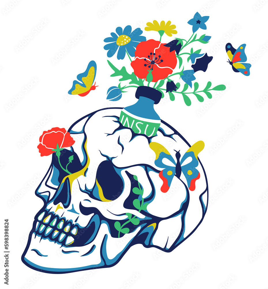 Skull and insulin bottle with flowers and blue butterflies. Dead Pancreas Society. Type 1 Diabetes. T1D Awareness. Transparent PNG