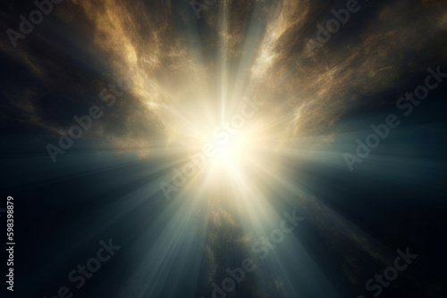 Religion and sacral concept. Abstract visualization of God light in clouds visualization. Generative AI