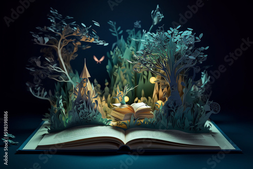 World book day, fantasy, and leisure concept. 3D, paper art style Illustration of magical book with fantasy stories inside it. Generative AI