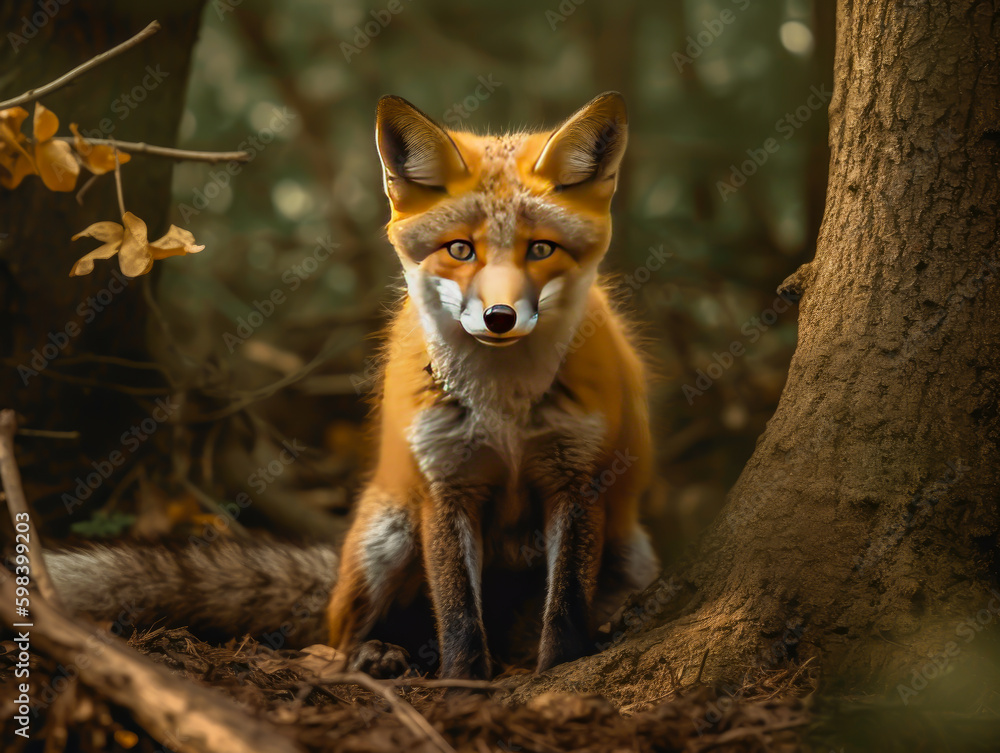 Naklejka premium a fox cub sits in a tree near a hill, generative ai