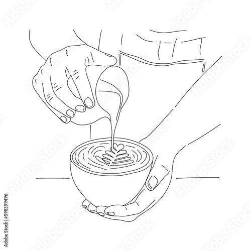 Making latte art barista pouring milk on coffee. Vector illustration in sketch style.