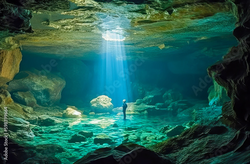 a man in a cave underwater, generative ai