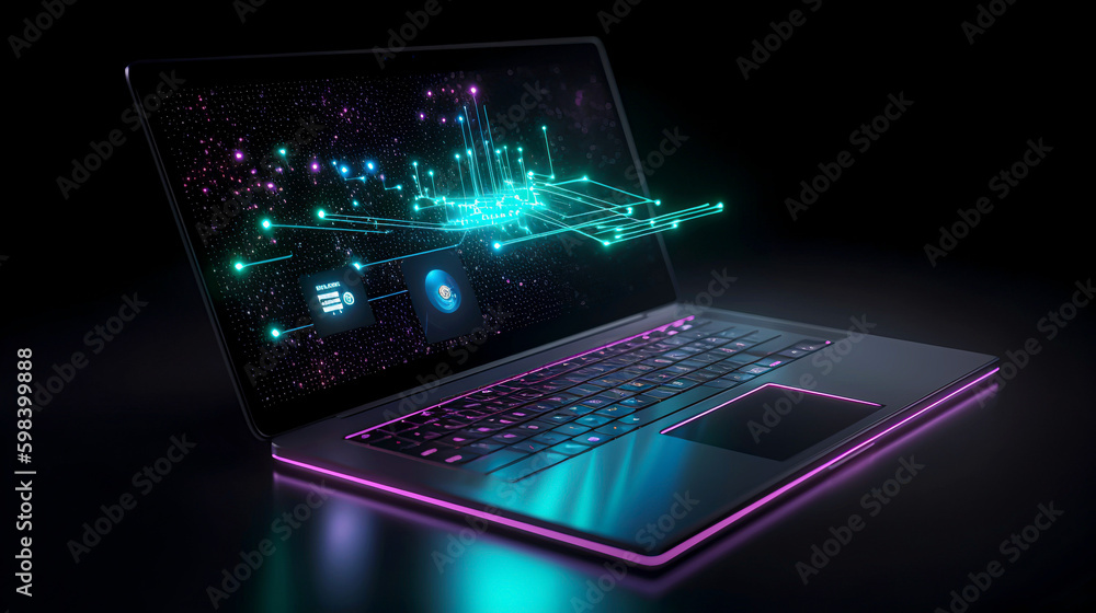 Futuristic digital glowing lines on laptop with purple lights Futuristic digital glowing lines on laptop with purple lights