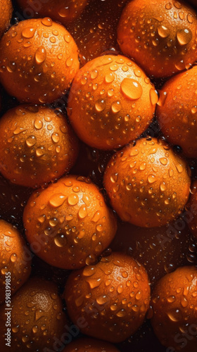 Fresh oranges with water drops, close-up shot on black background. Generative AI.
