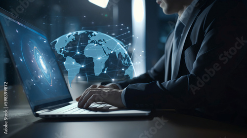 businessman using laptop with digital globe 