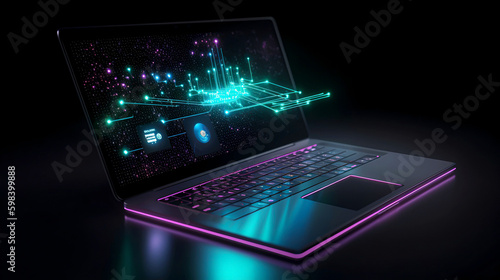 Futuristic digital glowing lines on laptop with purple lights 