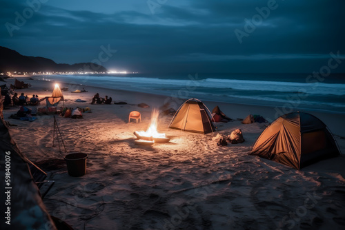 camping in a beach with a bonfire at night, generative ai