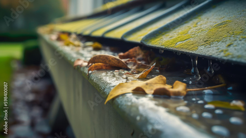 a photograph of a frontal view of a gutter during raining, on house, generative ai