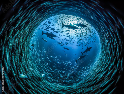 a sharks swims through a hole of fish, generative ai