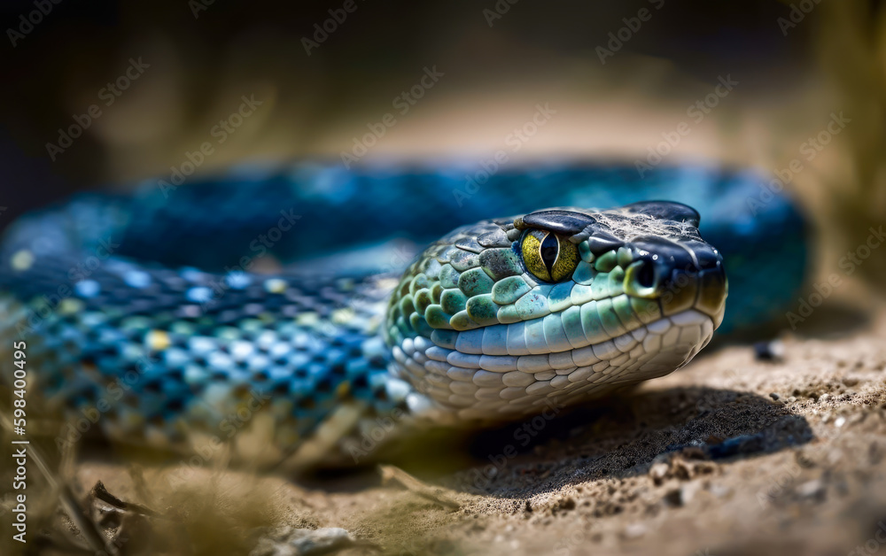 a blue snake crawls over a dirt field, close up, generative ai a blue snake crawls over a dirt field, close up, generative ai