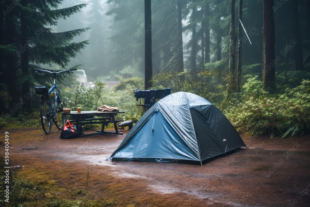 camping in the forest, raining day, generative ai