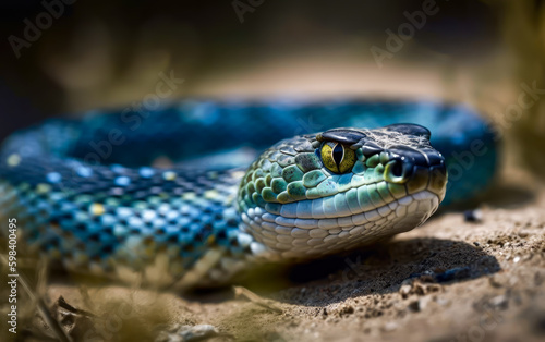 a blue snake crawls over a dirt field, close up, generative ai