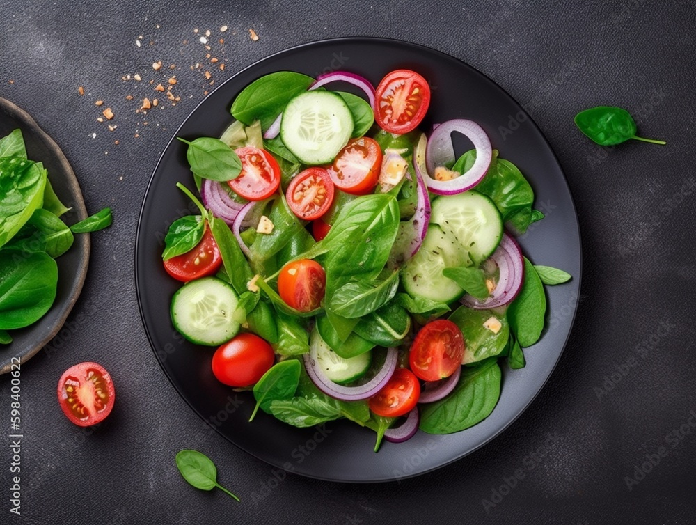 Fresh salad with cherry tomatoes, cucumbers, onions and basil on black plate