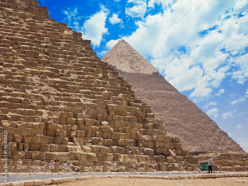 Egyptian pyramids in sand desert and clear sky