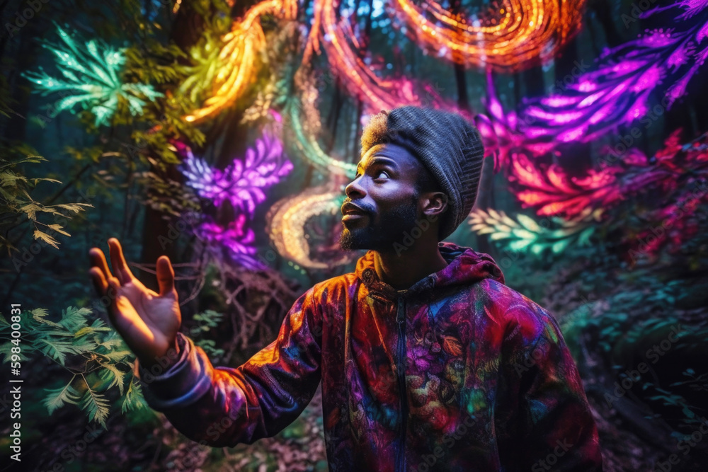 Black man having a psychedelic plant medicine journey in forest. Generative AI Black man having a psychedelic plant medicine journey in forest. Generative AI