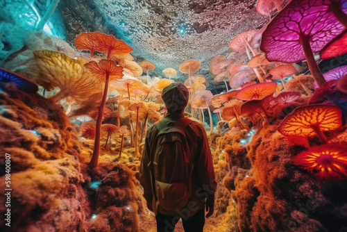 Man tripping on psychedelic magic mushrooms. Generative AI