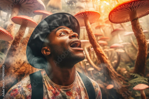 Black man tripping on psychedelic mushrooms in the forest. Generative AI