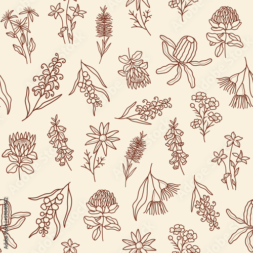 Line art Australian native flowers seamless pattern
