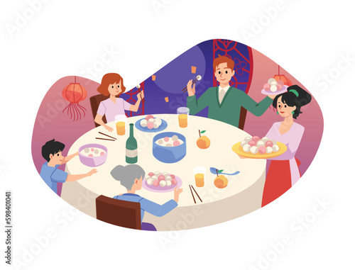 Family with children eat rice balls and celebrate lantern festival, flat vector illustration isolated on white.
