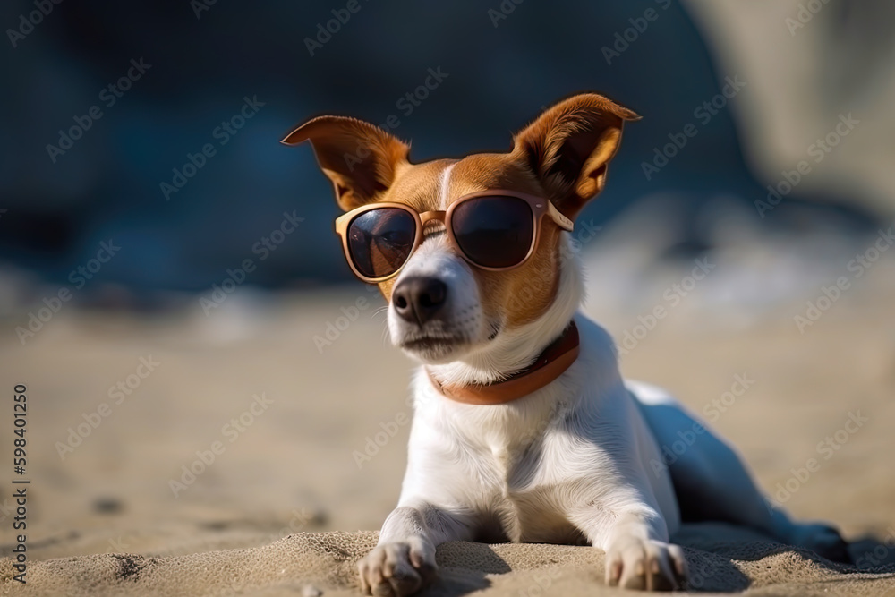 a dog with sunglasses in holidays in the beach, generative ai