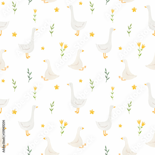 Fotografie Beautiful children's seamless pattern with cute hand drawn watercolor goose bird