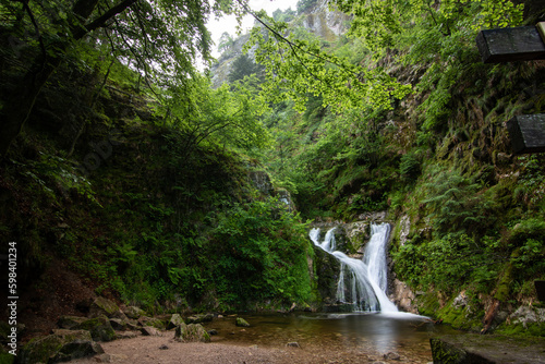 Waterfall with bridge at Allerheiligen waterfall cascade in a landscape shot in nature, Black Forest, Germany.