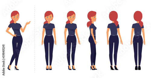 Cartoon female character views set. Woman template ready for animation