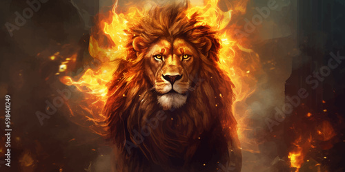 King Lion with golden crown. The majestic King of beasts with luxuriant flaming  blazing mane. Head of Leo. Regal and powerful. Wild animal. Fire background. 3d digital painting