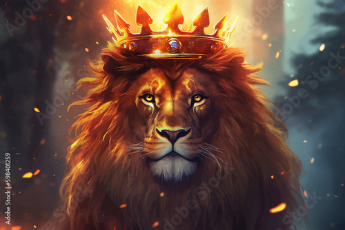 King Lion with golden crown. The majestic King of beasts with luxuriant flaming  blazing mane. Head of Leo. Regal and powerful. Wild animal. Fire background. 3d digital painting