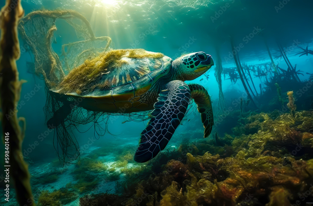 Naklejka premium turtle swimming with a fishing ne in his body, generative ai