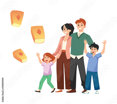 Family watching for launched glowing lanterns flat vector illustration isolated.