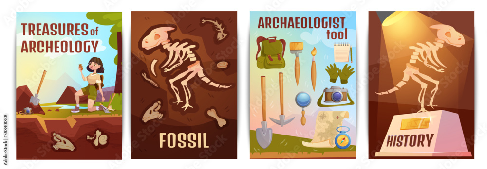 Cartoon set of posters with scientist archaeologist with old artifacts. Excavation tools for search archeology treasures, fossil animals, prehistoric dinosaur skeleton in ground and museum of history.