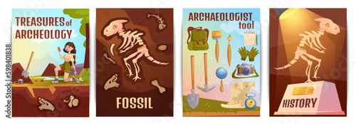 Cartoon set of posters with scientist archaeologist with old artifacts. Excavation tools for search archeology treasures, fossil animals, prehistoric dinosaur skeleton in ground and museum of history.