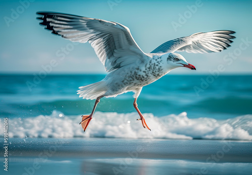 a seagull bird in the air with feet at the surface, generative ai photo