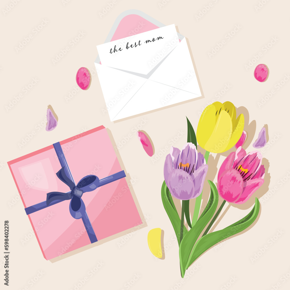 Group of items for Happy Mother's Day. Tulips, gift box and envelope. . Generative AI Group of items for Happy Mother's Day. Tulips, gift box and envelope. . Generative AI