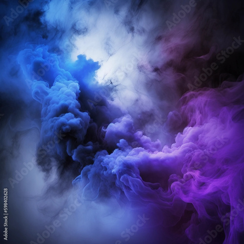 Mist texture. Color smoke. Paint water mix. Mysterious storm sky. Blue purple glowing fog cloud wave abstract art background with free space.