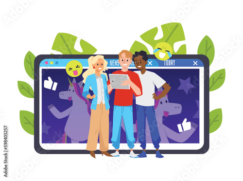 Social media followers share viral content, flat vector illustration isolated.