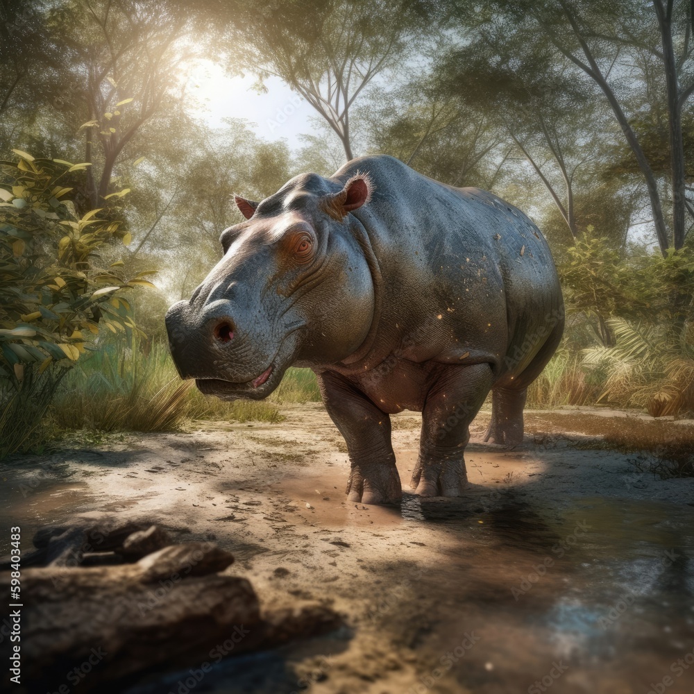 Fototapeta premium Hippopotamus in natural habitat (generative AI)